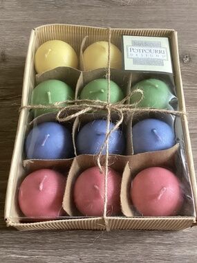 12-pack Potpourri Designs 2” ball candles Pastel Colors Rustic Vintage Party